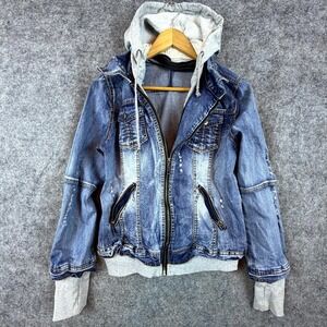 La Coalition Hybrid Hoodie Jacket Womens Medium Blue Denim Grunge Distressed